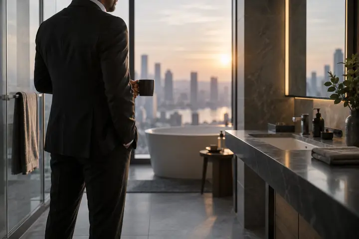 Business scene in a bathroom