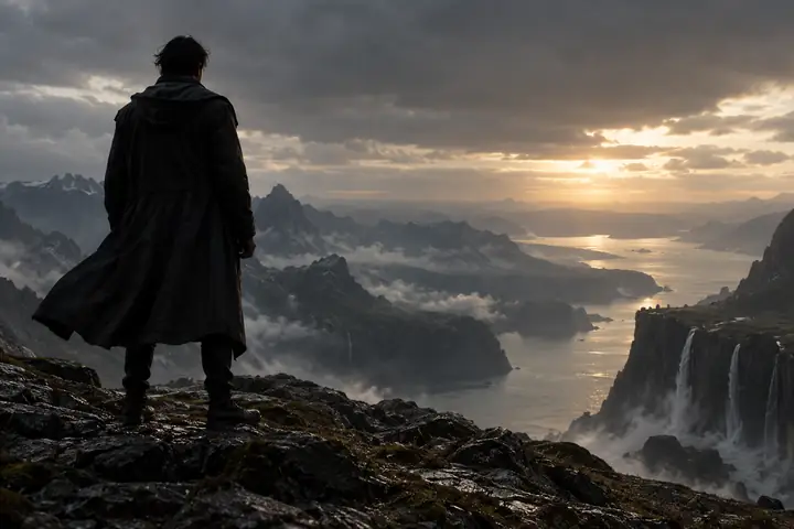 Cinematic dark character in a landscape