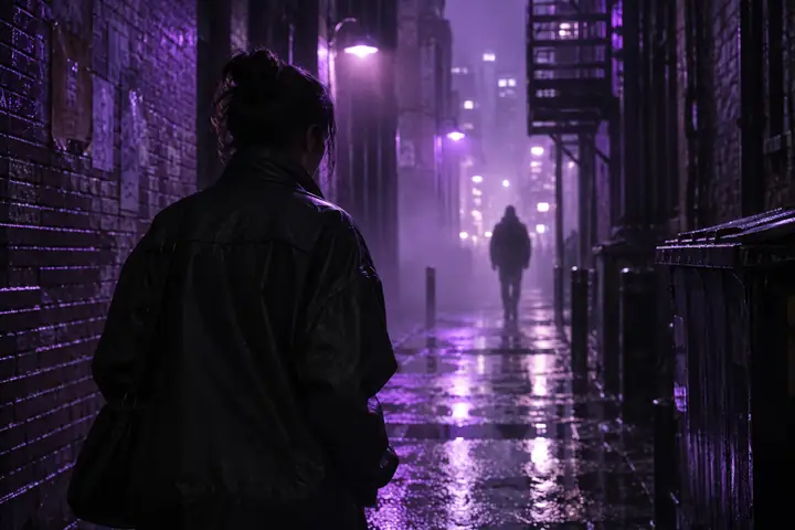 Purple-lit alley scene