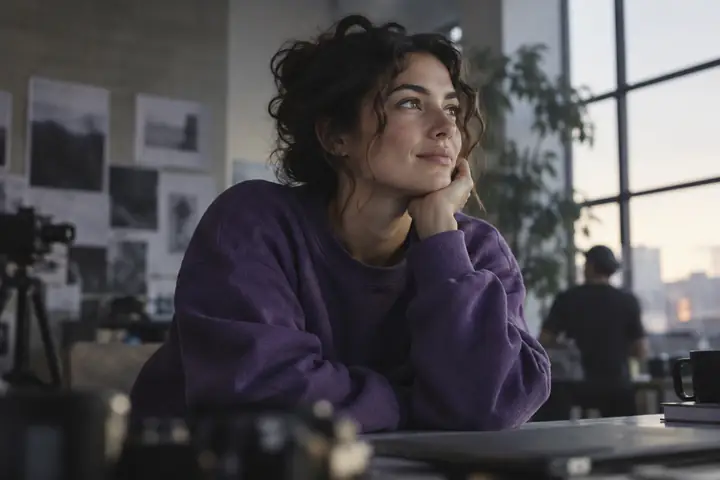 Woman in a purple sweatshirt