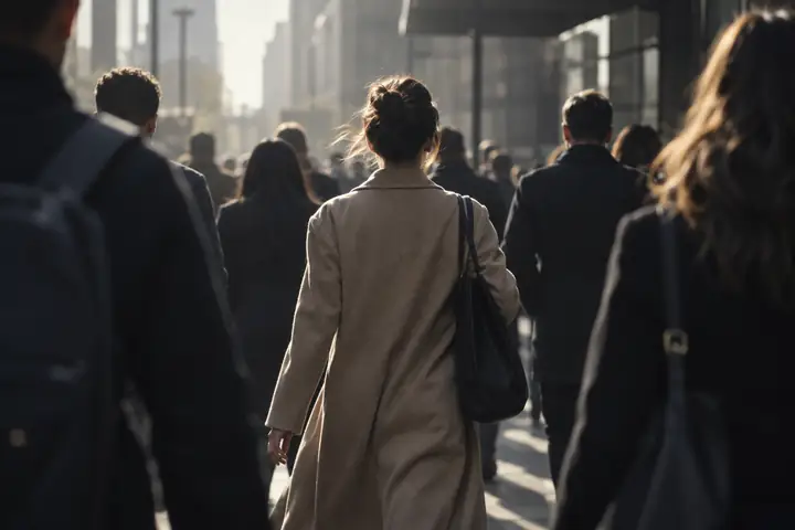 Woman walking through a crowd