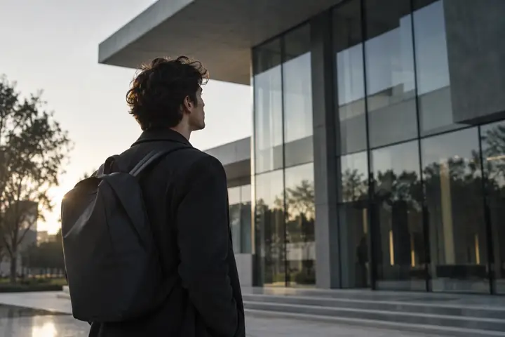 Young person outside a modern building