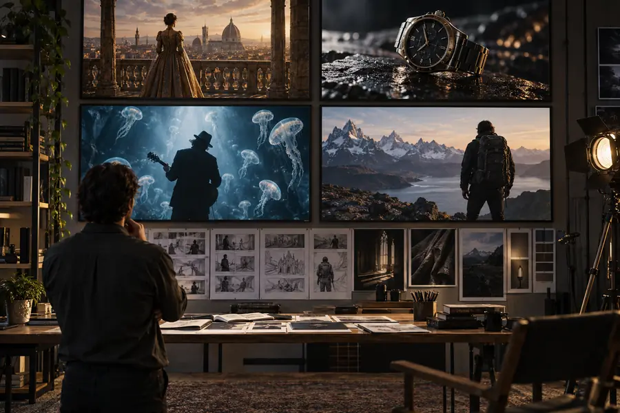 Cena de movimento cinematográfico refinada, com um tema claro e uma direção de câmera