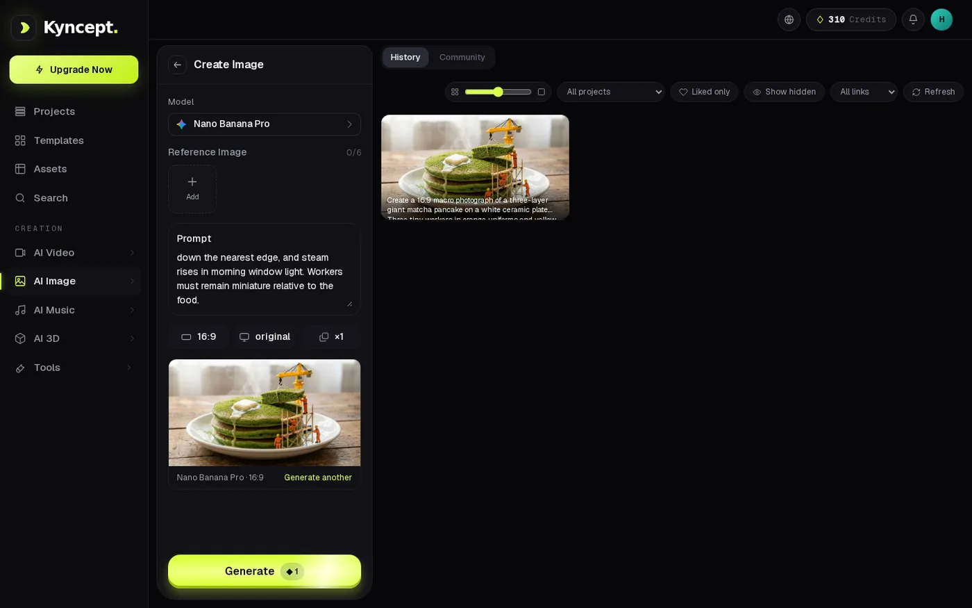 Kyncept first matcha image and 310-credit balance